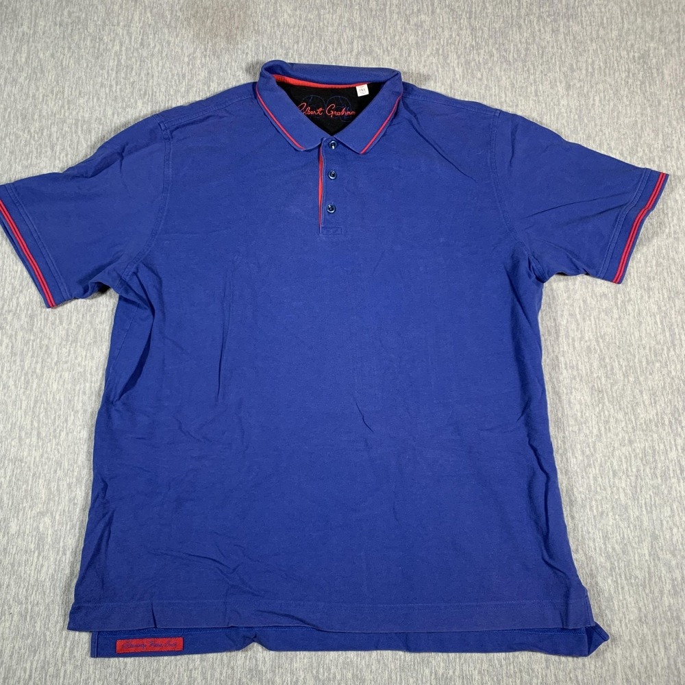Robert‎ Graham Polo Shirt Mens 2XL Blue Classic Fit Short Sleeve Cotton Red Trim